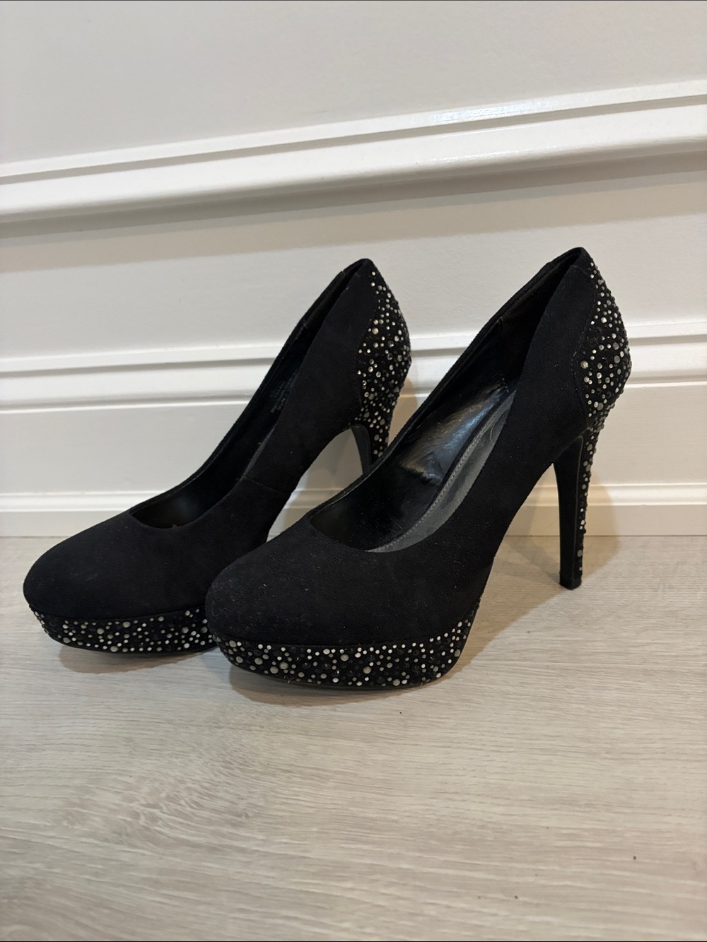 Limelight Black Suede Rhinestone Platform Pumps